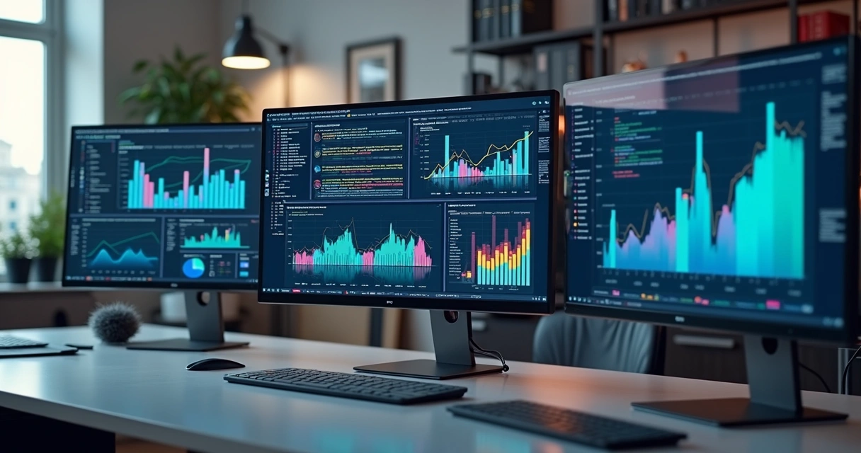 Dashboard digital mostrando integrações e automações de dados em telas múltiplas 