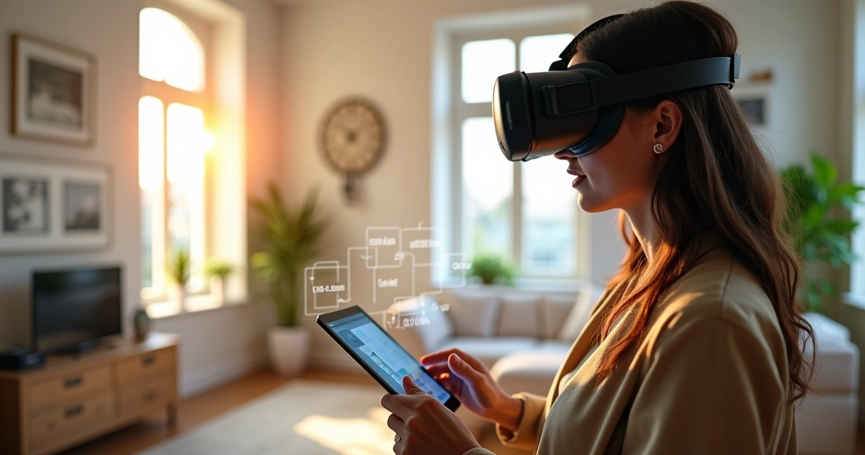 Cliente usando óculos de realidade virtual para visualizar ambiente decorado e personalizado 