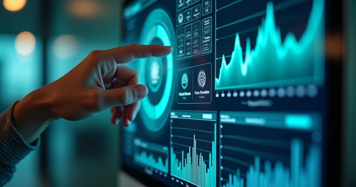 Interface digital mostra gráficos e dados de IA sendo analisados 