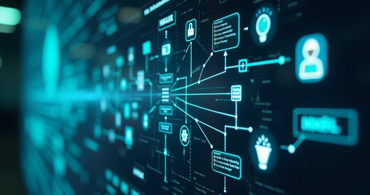Interface digital mostrando automação por IA com fluxos conectados 