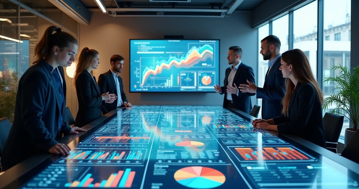Equipe de negócios analisando gráficos e dados em telas 
