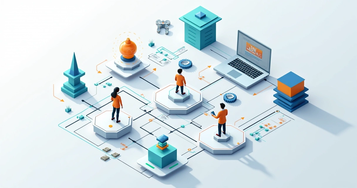 Diagrama mostrando integração de IA em processos digitais de equipe 