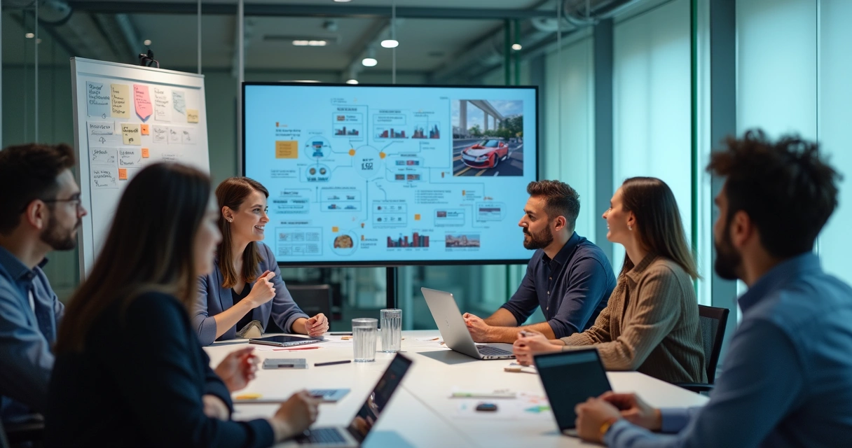 Equipe discutindo estratégias de IA durante reunião em escritório moderno 