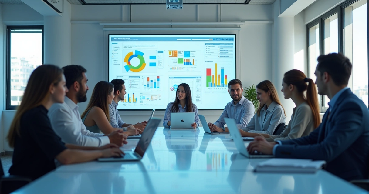 Equipe reunida ao redor de computadores e tablets, analisando gráficos em uma mesa ampla, com destaque para a colaboração entre humanos e tecnologia 