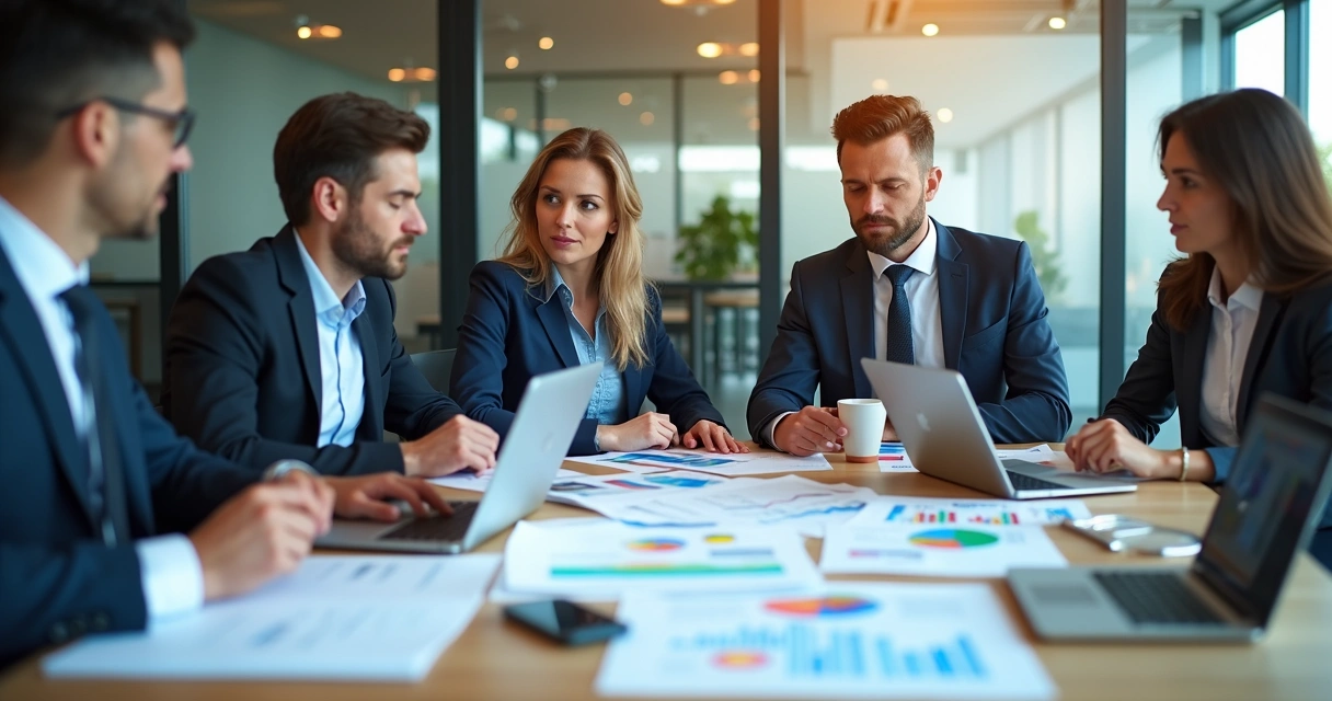 Equipe analisando gráficos e relatórios na mesa de reunião 