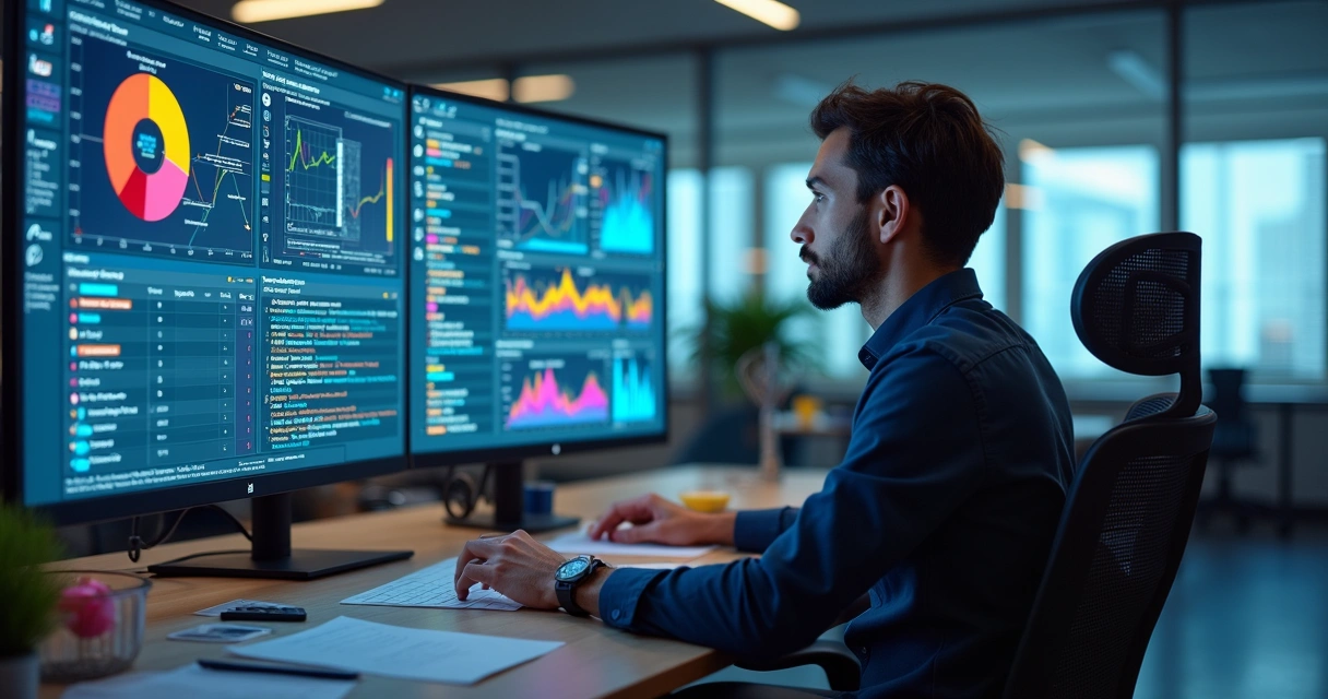 Cientista de dados analisando gráficos e algoritmos numa tela grande em escritório corporativo 