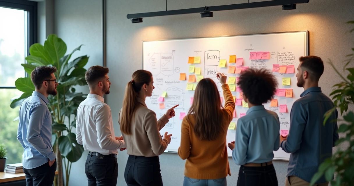 Equipe fazendo brainstorm com post-its coloridos em uma lousa 