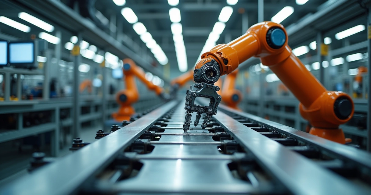 Robôs industriais em operação em linha de produção 