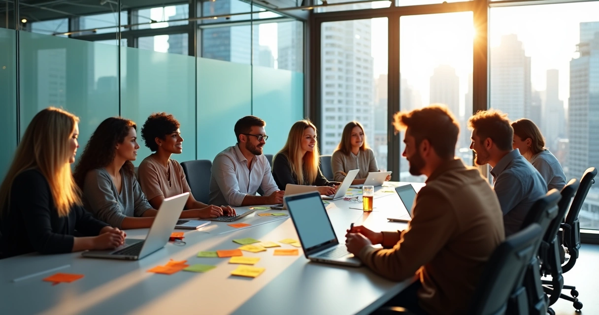 Equipe ágil reunida em sala de reunião moderna fazendo sessão de feedback 