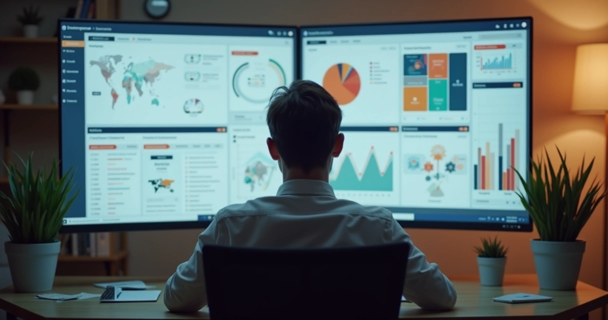 Colaborador analisando dados em dashboards corporativos 