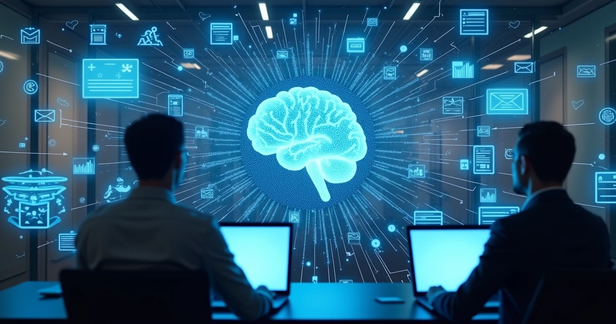 Visão conceitual de inteligência artificial analisando documentos empresariais 