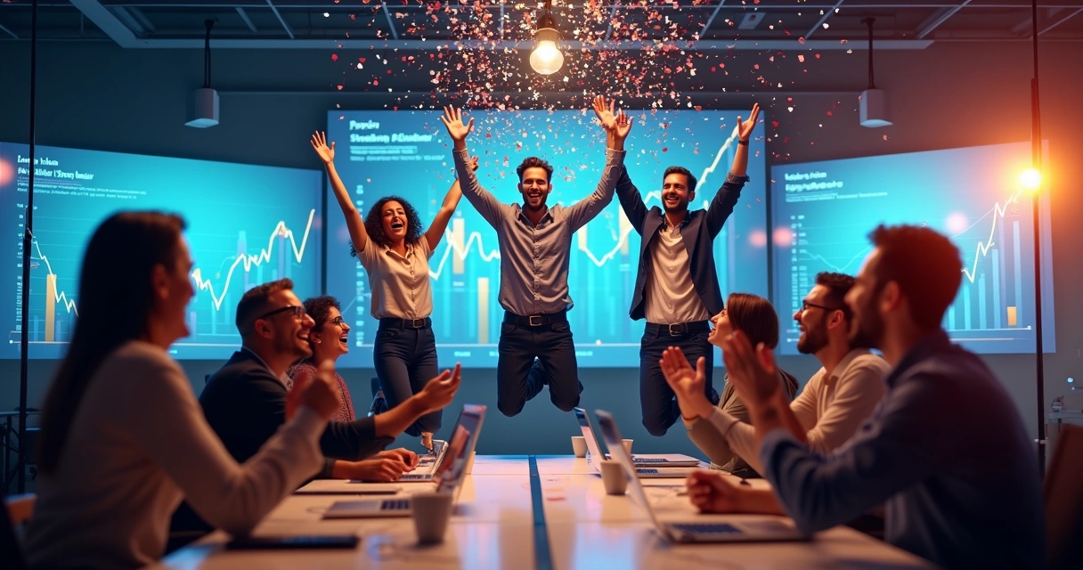 Equipe de startup comemorando crescimento com gráficos 