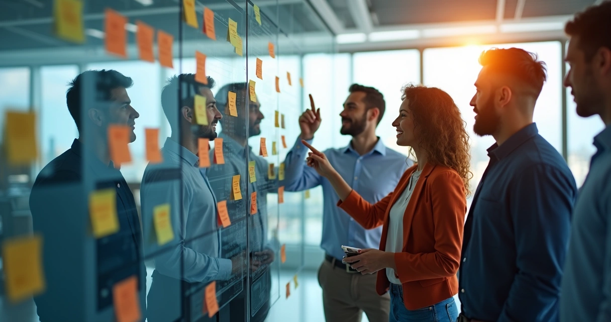Equipe de TI reunida analisando mural de dados e ideias para inovação digital 