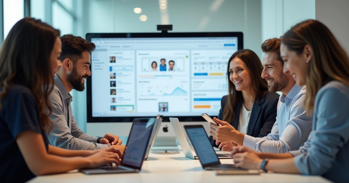 Equipe multiétnica desenvolvendo projeto em ambiente digital, vários dispositivos com telas de aplicativo