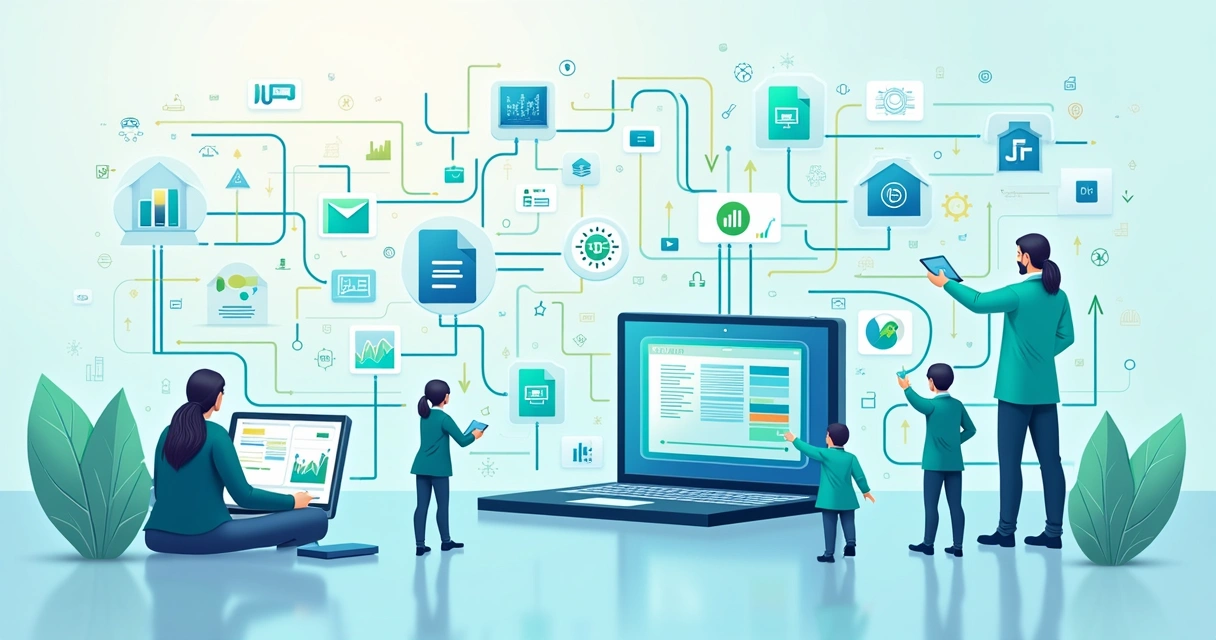 Fluxo de dados digitais conectando diferentes sistemas de uma empresa 