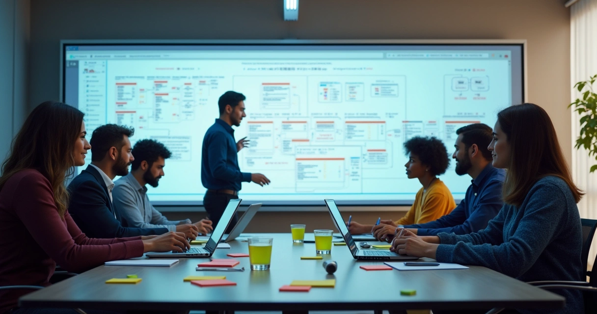 Equipe de TI reunida, discutindo fluxograma de projeto de IA exibido em quadro digital na sala de reunião 