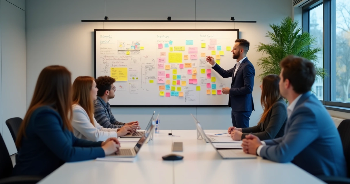 Equipe em reunião analisando quadro de planejamento de projeto 