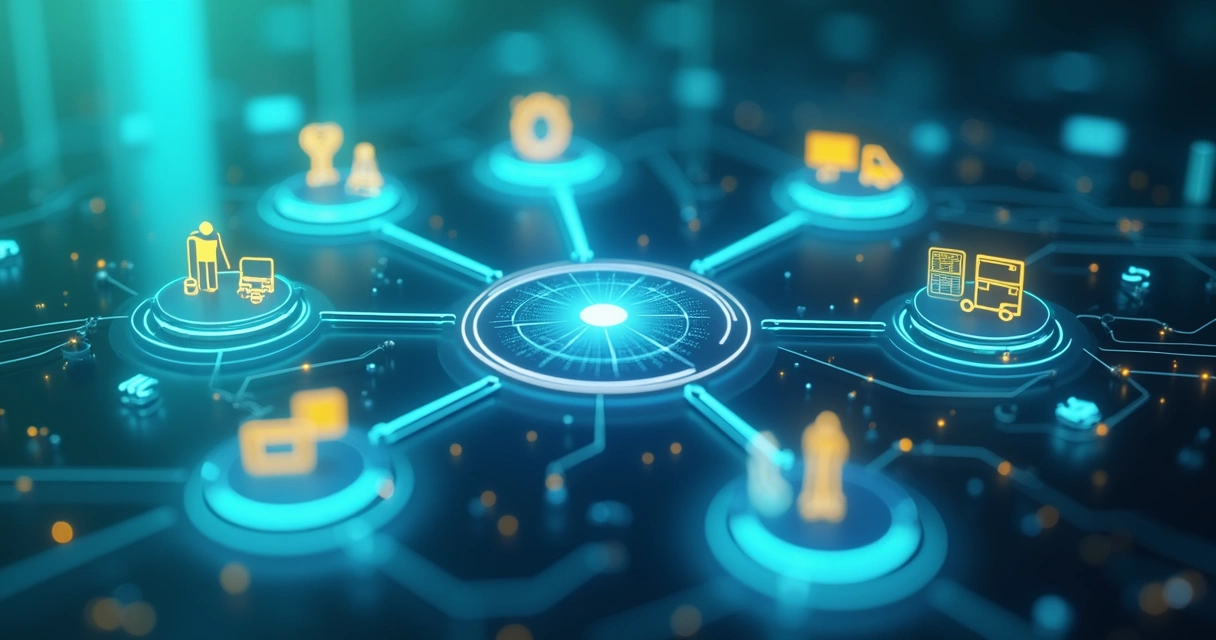 Workflow digital com ícones de agentes autônomos interligando setores de uma empresa 