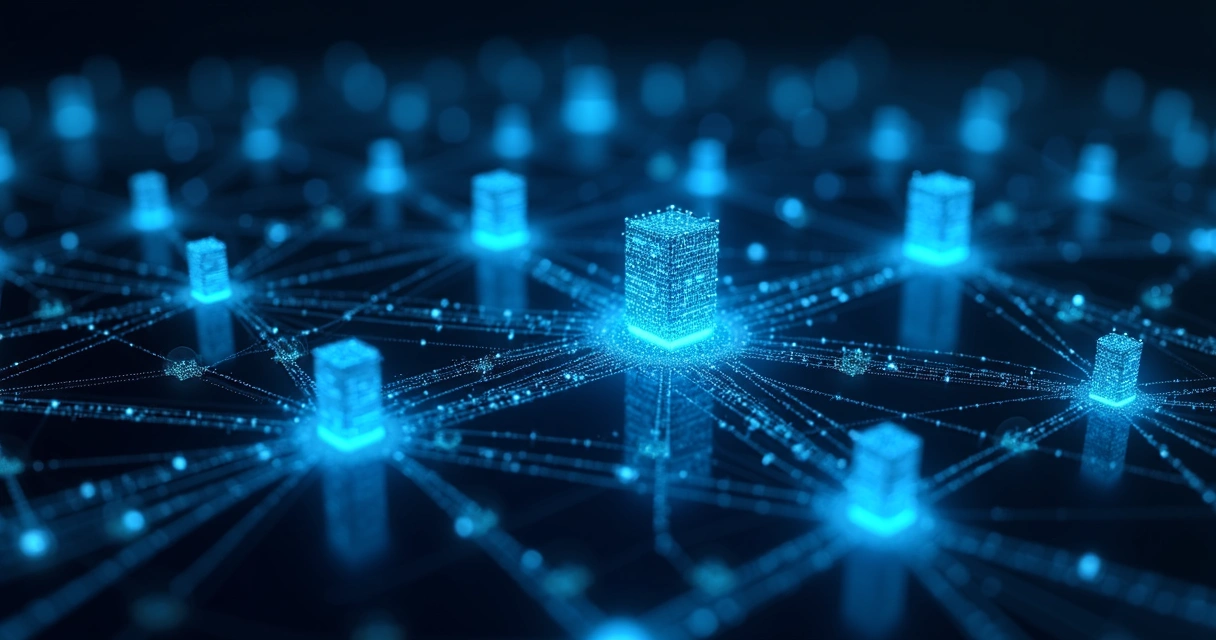 Fluxo de dados digitais conectando sistemas com ícones de IA ao fundo. 