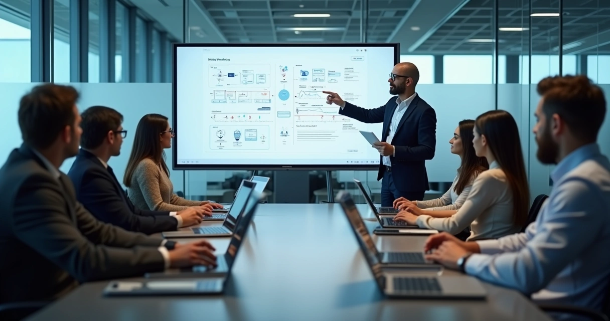 Profissionais participando de treinamento de automação em sala moderna 