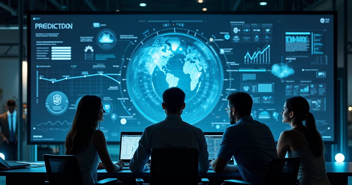 Painel futurista mostrando previsões de IA e hologramas de tendências tecnológicas em escritório escuro 