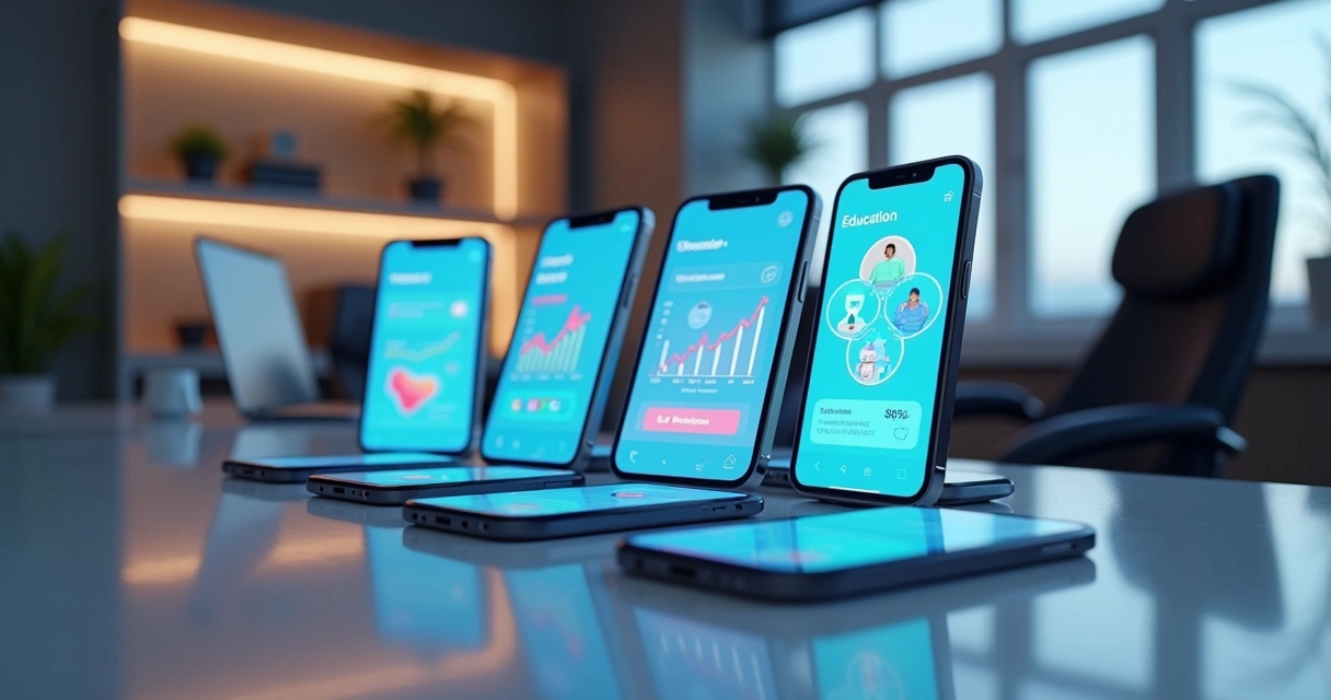 Vários aplicativos FlutterFlow em telas de celular de diferentes segmentos 