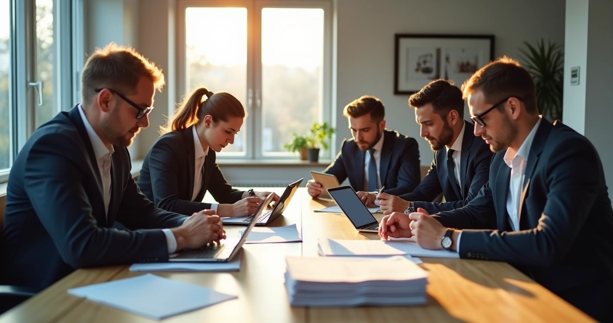 Grupo de advogados analisando documentos digitais na mesa 