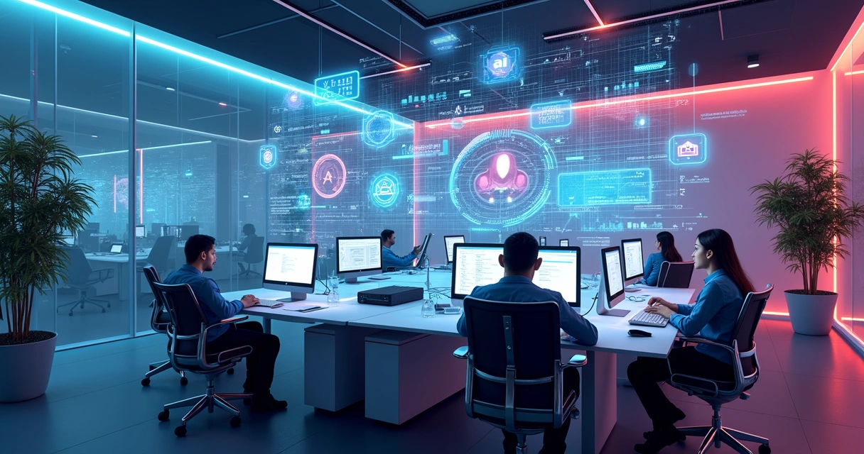 Ambiente corporativo futurista com IA integrada a todas as áreas 