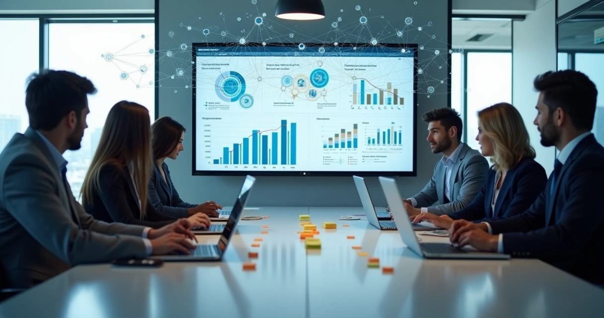 Equipe reunida analisando integrações de dados em computadores 