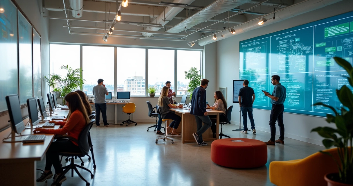 Centro de inovação em Curitiba com equipes de tecnologia em colaboração 