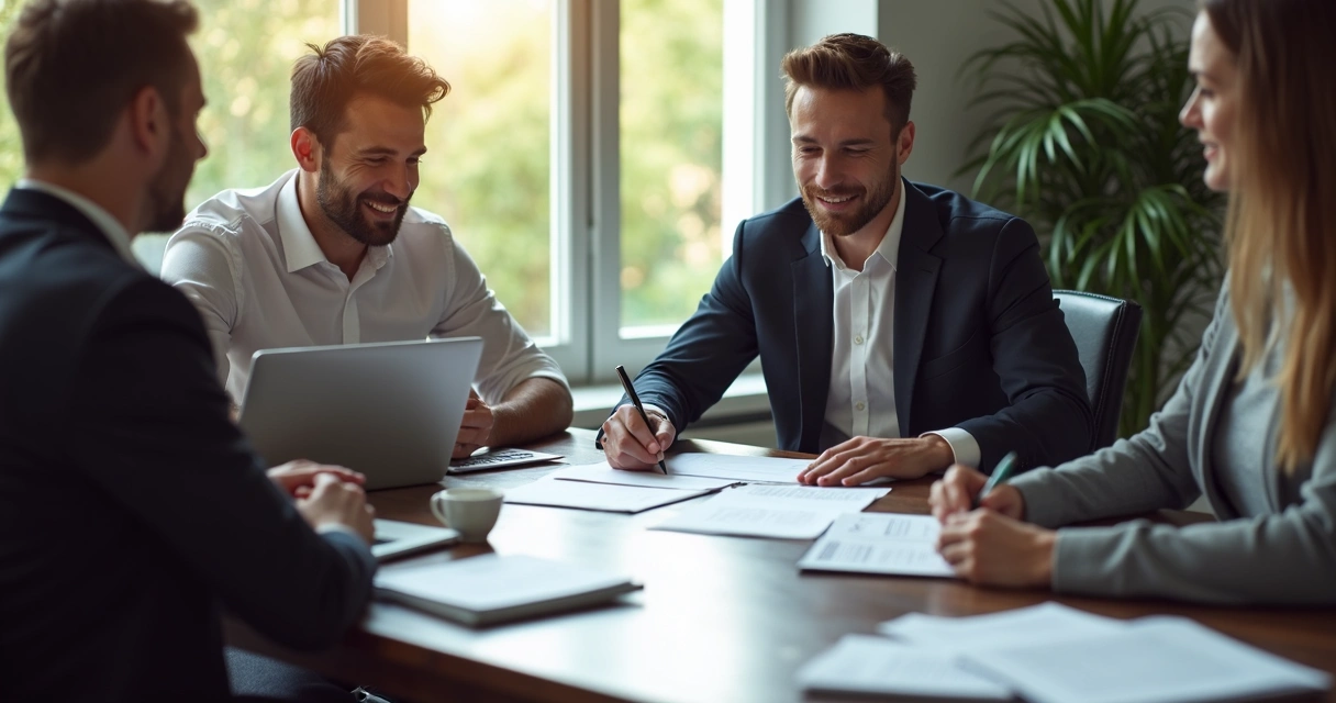 Fundadores assinando documentos para formalização da startup 