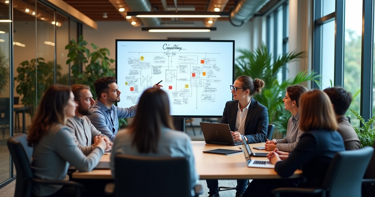 Equipe de tecnologia sentada em círculo em uma sala moderna, discutindo ideia em um quadro branco 