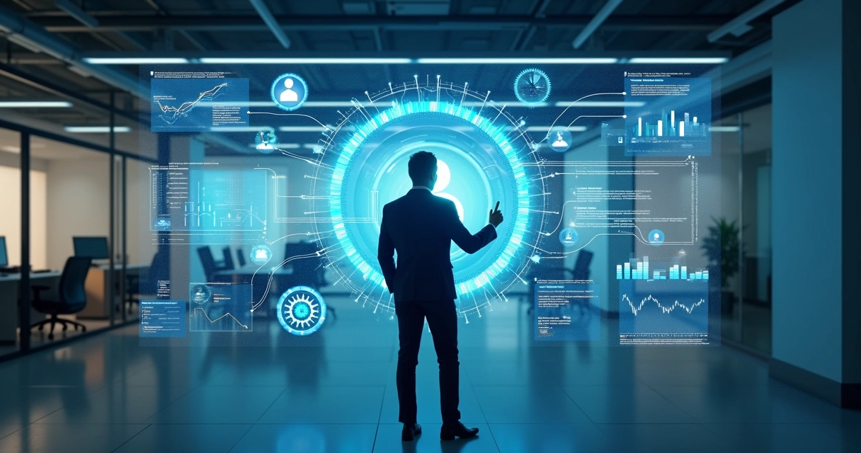 Profissional tocando tela digital interativa em ambiente de trabalho 