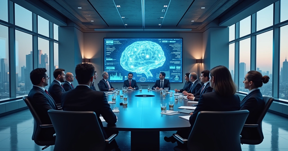 Sala de diretoria moderna, profissionais reunidos analisando projeções digitais de IA 