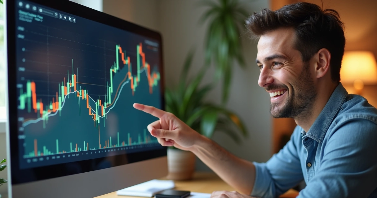 Gráfico colorido de crescimento em tela de computador ao lado de gestor de PME animado 