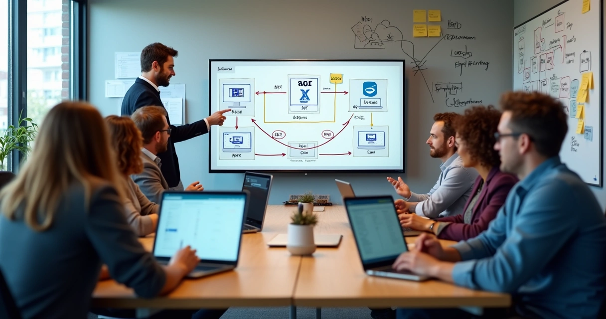 Equipe analisando telas de computadores com gráficos e fluxos de integração 