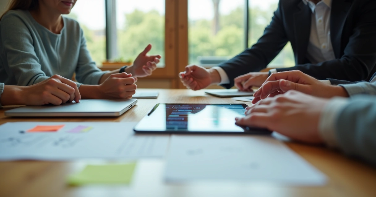 Protótipo digital de aplicativo sendo apresentado em reunião de startup 