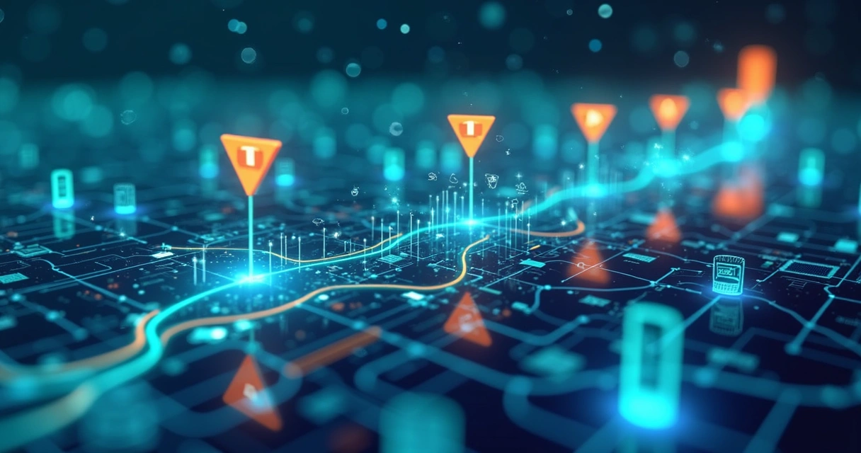 Mapa visual de um roadmap de TI, com marcos digitais e integração de sistemas 