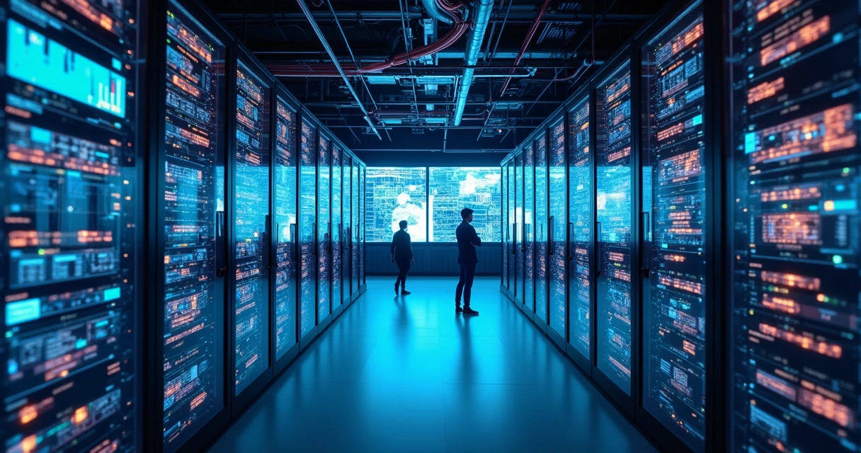 Sala com servidores de dados e conexões digitais 