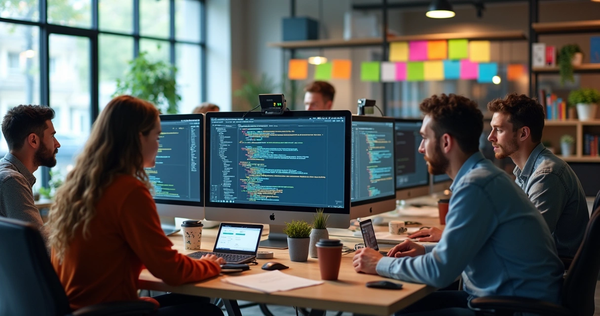Programadores desenvolvendo software juntos em escritório moderno 