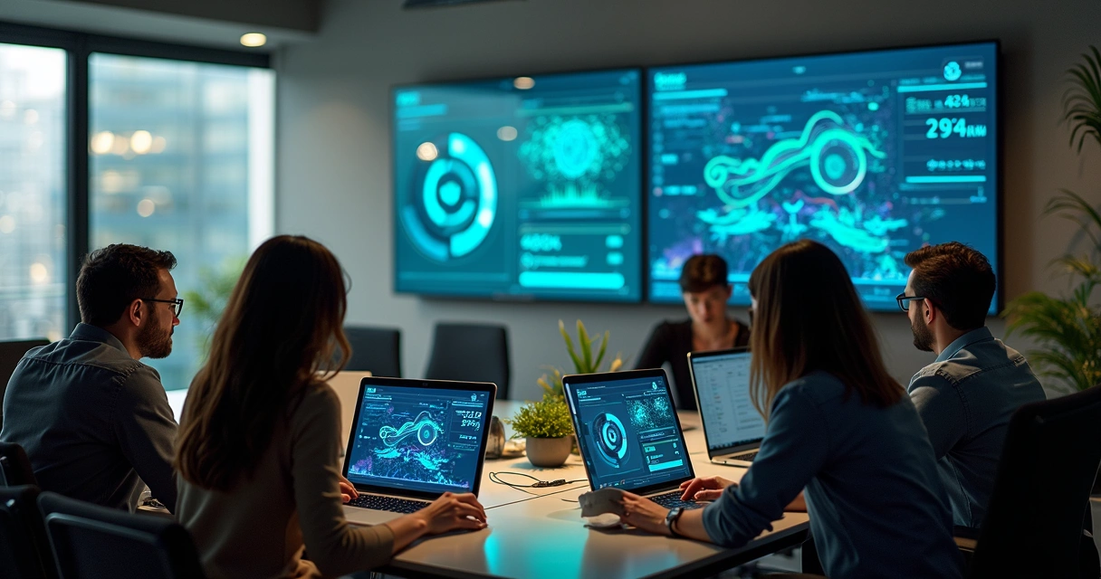 Transformação digital sendo implementada em uma empresa com computadores e gráficos 