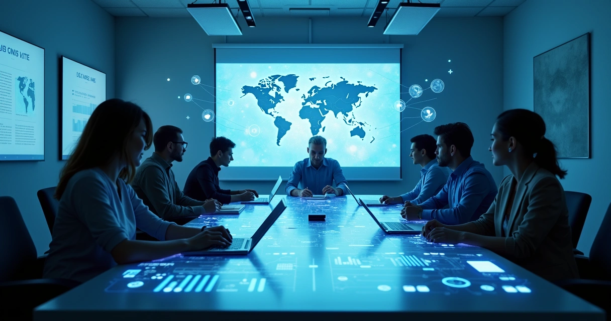 Equipe de trabalho discutindo com gráficos digitais de IA ao fundo 