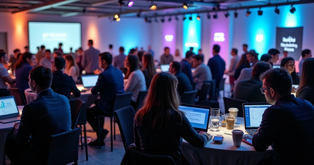 Pessoas discutindo oportunidades em evento de tecnologia 