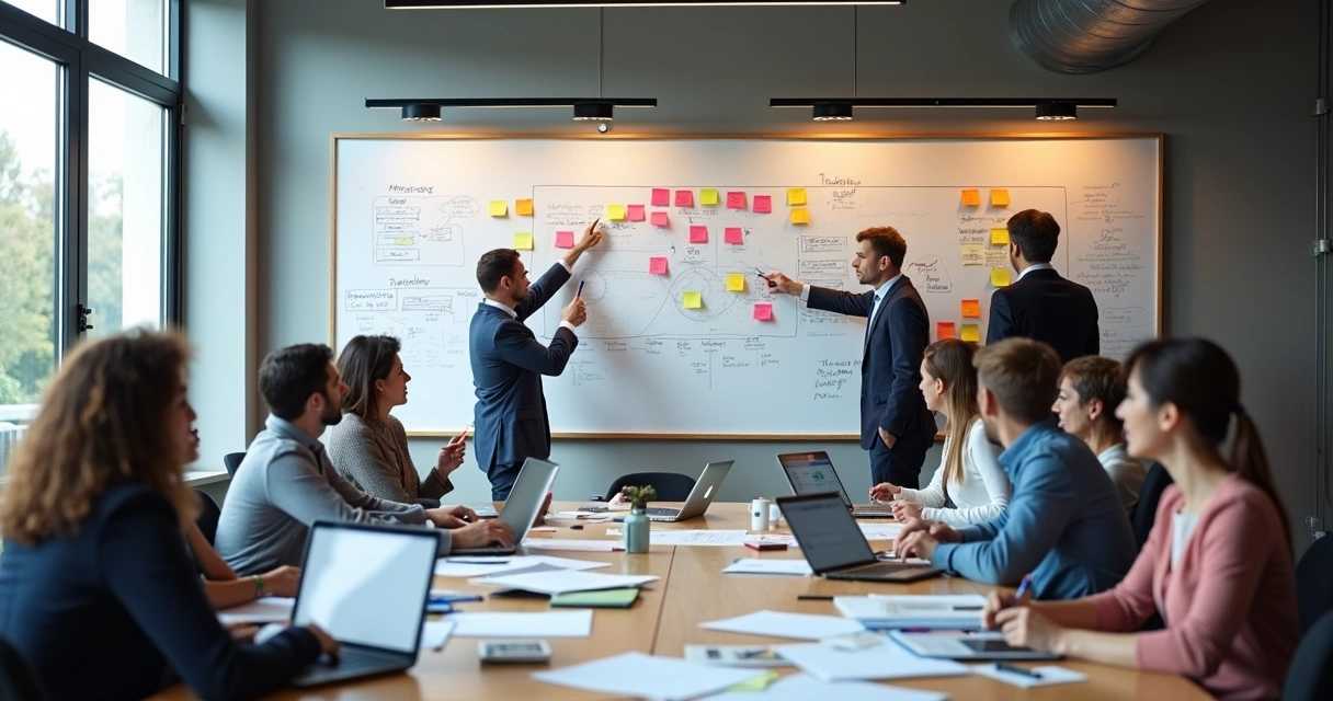 Equipe multidisciplinar em sala de reunião, colando post-its coloridos em quadro branco 