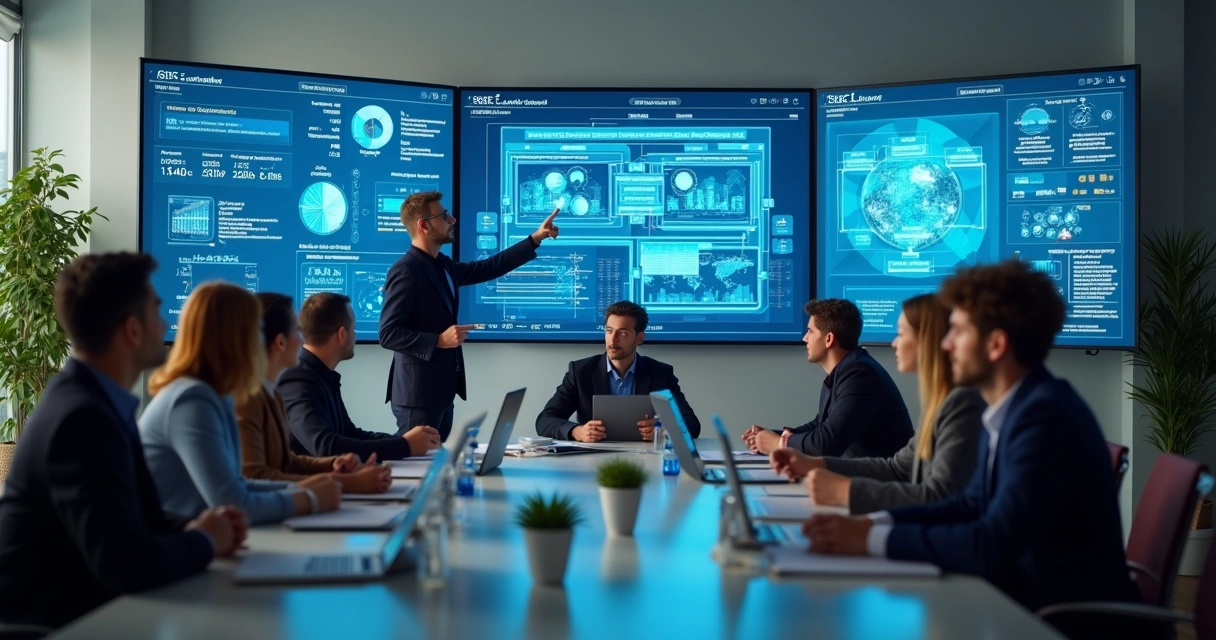 Equipe de colaboradores em frente a telas digitais, aprendendo sobre automação em ambiente moderno 