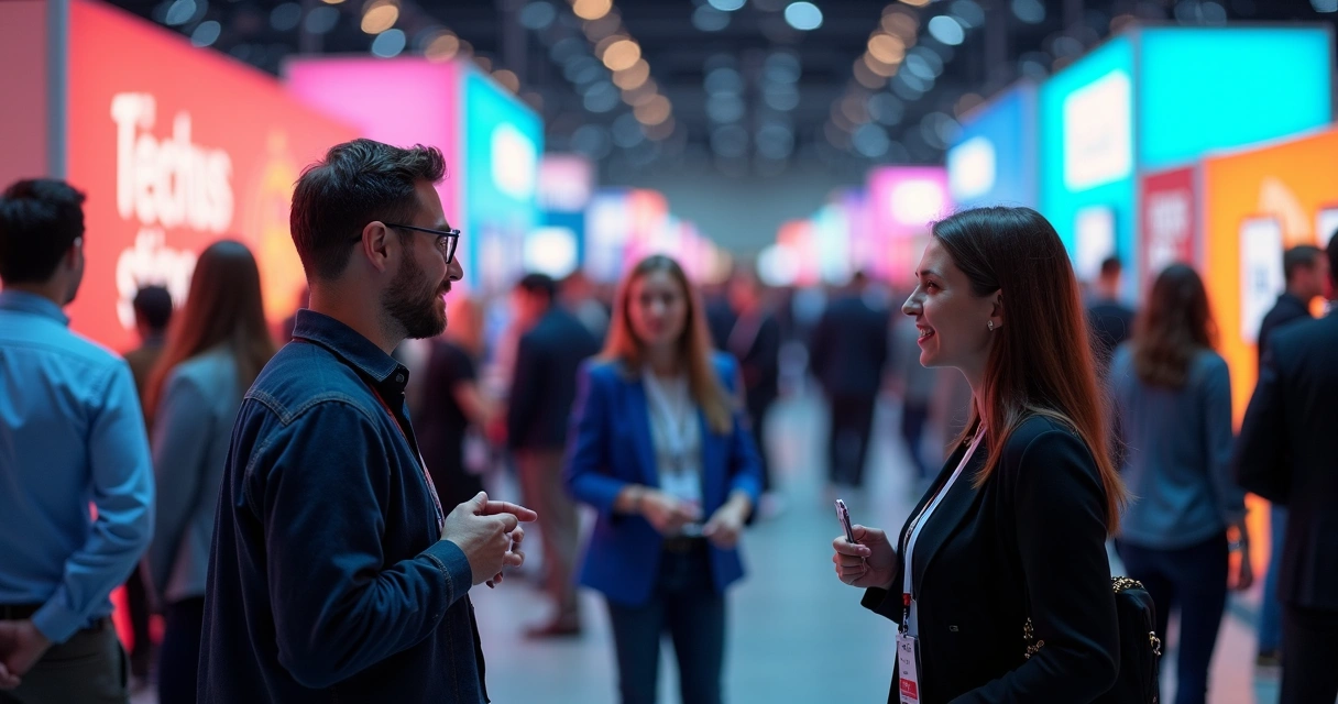 Profissionais reunidos em evento de tecnologia trocando ideias