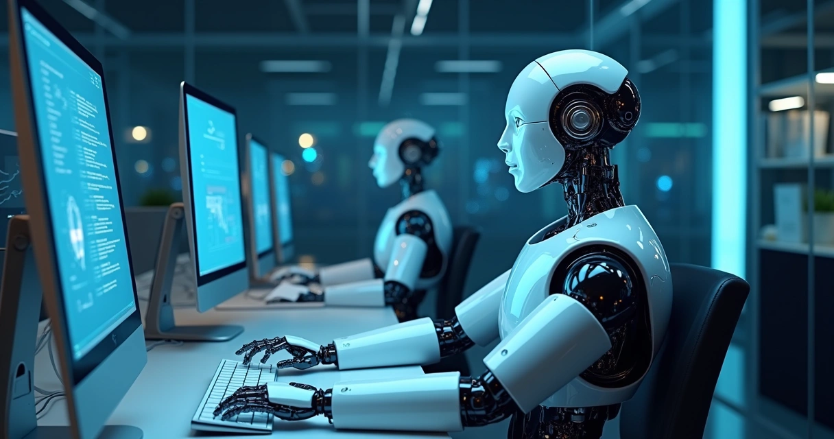 Robôs digitais em mesas de escritório simulando funcionários administrativos 