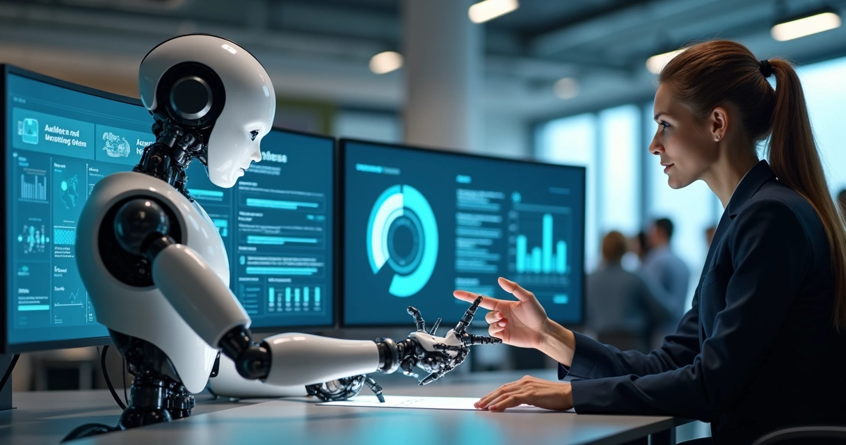 Robô colaborando com humano em estação de trabalho moderna usando telas e gráficos digitais 
