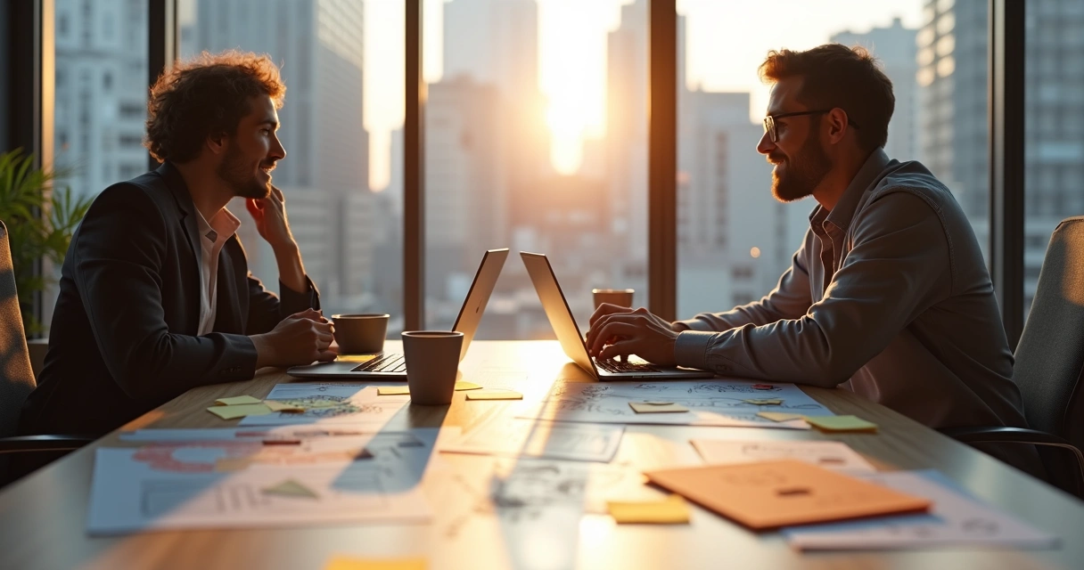 Duas pessoas em uma mesa de reunião colaborando 