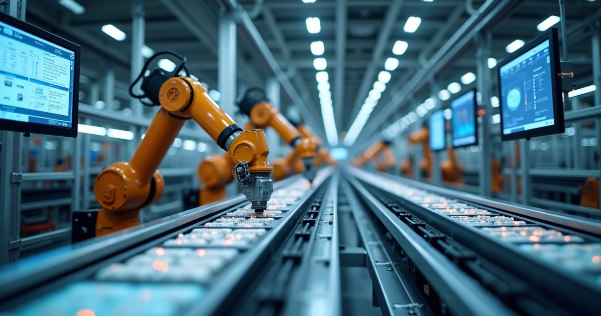 Linha de produção industrial automatizada com robôs 